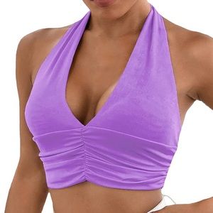 Purple Deep V Halter Crop Top